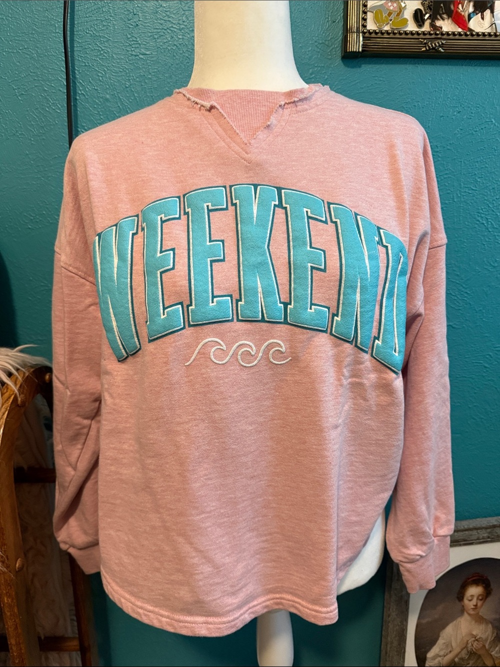 Simply Southern Pink Crewneck Sweater with Teal 'Weekend' Graphic